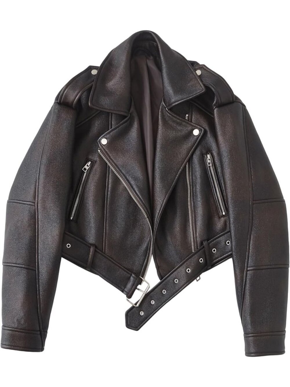 Women's Brown Faux Leather Cropped Distressed Zipper Belted Moto Biker Jacket